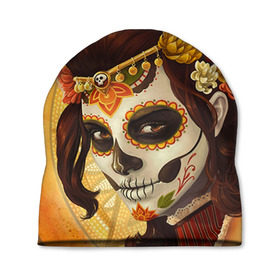 Шапка 3D с принтом Девушка. Сахарный череп в Белгороде, 100% полиэстер | универсальный размер, печать по всей поверхности изделия | Тематика изображения на принте: halloween | девушка | праздник | сахарный череп | тыква | хэллоуин | череп