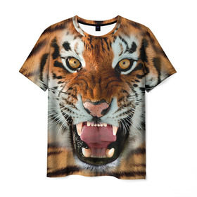 Мужская футболка 3D с принтом Тигр в Белгороде, 100% полиэфир | прямой крой, круглый вырез горловины, длина до линии бедер | животные | зубы | кошка | тигр