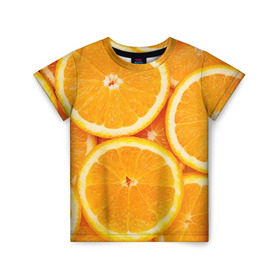 Детская футболка 3D с принтом Апельсин в Белгороде, 100% гипоаллергенный полиэфир | прямой крой, круглый вырез горловины, длина до линии бедер, чуть спущенное плечо, ткань немного тянется | Тематика изображения на принте: апельсин | еда | лимон | фрукт