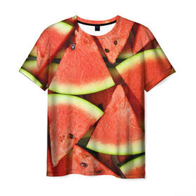 Мужская футболка 3D с принтом Дольки арбуза в Белгороде, 100% полиэфир | прямой крой, круглый вырез горловины, длина до линии бедер | арбуз | дольки арбуза | еда | фрукт | ягода