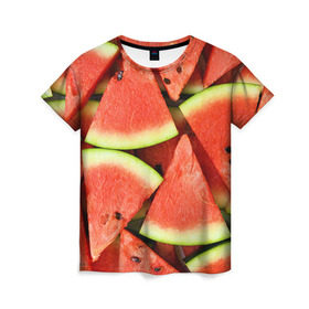 Женская футболка 3D с принтом Дольки арбуза в Белгороде, 100% полиэфир ( синтетическое хлопкоподобное полотно) | прямой крой, круглый вырез горловины, длина до линии бедер | арбуз | дольки арбуза | еда | фрукт | ягода