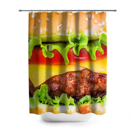 Штора 3D для ванной с принтом Гамбургер в Белгороде, 100% полиэстер | плотность материала — 100 г/м2. Стандартный размер — 146 см х 180 см. По верхнему краю — пластиковые люверсы для креплений. В комплекте 10 пластиковых колец | бутерброд | гамбургер | еда | фастфуд | чизбургер
