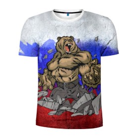 Мужская футболка 3D спортивная с принтом Медведь в Белгороде, 100% полиэстер с улучшенными характеристиками | приталенный силуэт, круглая горловина, широкие плечи, сужается к линии бедра | флаг россии