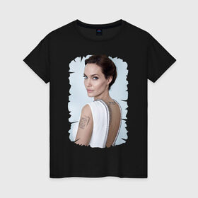 Женская футболка хлопок с принтом Angelina Jolie в Белгороде, 100% хлопок | прямой крой, круглый вырез горловины, длина до линии бедер, слегка спущенное плечо | татуировки