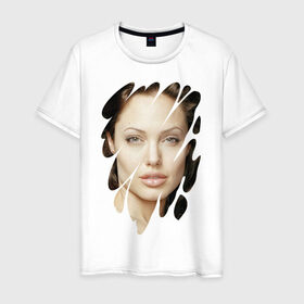 Мужская футболка хлопок с принтом Анджелина Джоли в Белгороде, 100% хлопок | прямой крой, круглый вырез горловины, длина до линии бедер, слегка спущенное плечо. | Тематика изображения на принте: angelina jolie | hollywood | анджелина джоли | голливуд | кинозвезда