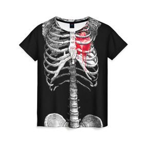 Женская футболка 3D с принтом Скелет с сердцем в Белгороде, 100% полиэфир ( синтетическое хлопкоподобное полотно) | прямой крой, круглый вырез горловины, длина до линии бедер | halloween | skeleton | кровь | скелет | хэллоуин