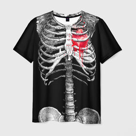 Мужская футболка 3D с принтом Скелет с сердцем в Белгороде, 100% полиэфир | прямой крой, круглый вырез горловины, длина до линии бедер | Тематика изображения на принте: halloween | skeleton | кровь | скелет | хэллоуин