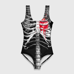 Купальник-боди 3D с принтом Скелет с сердцем в Белгороде, 82% полиэстер, 18% эластан | Круглая горловина, круглый вырез на спине | halloween | skeleton | кровь | скелет | хэллоуин