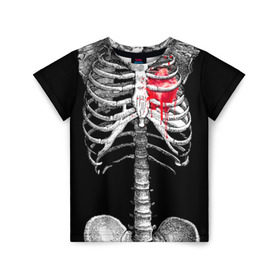 Детская футболка 3D с принтом Скелет с сердцем в Белгороде, 100% гипоаллергенный полиэфир | прямой крой, круглый вырез горловины, длина до линии бедер, чуть спущенное плечо, ткань немного тянется | halloween | skeleton | кровь | скелет | хэллоуин
