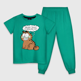 Детская пижама хлопок с принтом Garfield Smiling Cat в Белгороде, 100% хлопок |  брюки и футболка прямого кроя, без карманов, на брюках мягкая резинка на поясе и по низу штанин
 | garfield smiling cat гарфилд кот