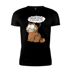 Мужская футболка премиум с принтом Garfield Smiling Cat в Белгороде, 92% хлопок, 8% лайкра | приталенный силуэт, круглый вырез ворота, длина до линии бедра, короткий рукав | Тематика изображения на принте: garfield smiling cat гарфилд кот