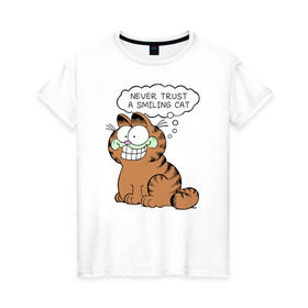 Женская футболка хлопок с принтом Garfield Smiling Cat в Белгороде, 100% хлопок | прямой крой, круглый вырез горловины, длина до линии бедер, слегка спущенное плечо | garfield smiling cat гарфилд кот