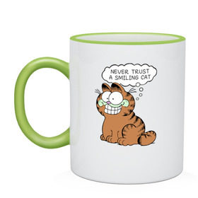 Кружка двухцветная с принтом Garfield Smiling Cat в Белгороде, керамика | объем — 330 мл, диаметр — 80 мм. Цветная ручка и кайма сверху, в некоторых цветах — вся внутренняя часть | Тематика изображения на принте: garfield smiling cat гарфилд кот