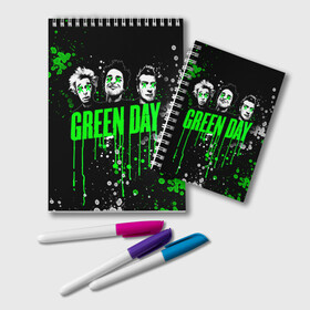 Блокнот с принтом Green Day в Белгороде, 100% бумага | 48 листов, плотность листов — 60 г/м2, плотность картонной обложки — 250 г/м2. Листы скреплены удобной пружинной спиралью. Цвет линий — светло-серый
 | Тематика изображения на принте: green day | rock | грин дей | рок