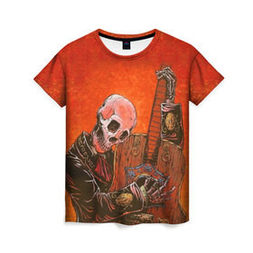 Женская футболка 3D с принтом Скелет с гитарой в Белгороде, 100% полиэфир ( синтетическое хлопкоподобное полотно) | прямой крой, круглый вырез горловины, длина до линии бедер | гитара | скелет