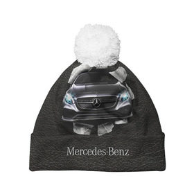 Шапка 3D c помпоном с принтом Mercedes в Белгороде, 100% полиэстер | универсальный размер, печать по всей поверхности изделия | amg | benz | mercedes | бенс | бенц | кожа | мерседес