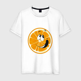 Мужская футболка хлопок с принтом Веселый апельсин в Белгороде, 100% хлопок | прямой крой, круглый вырез горловины, длина до линии бедер, слегка спущенное плечо. | апельсин | прикольная | рожа | рожица | фрукт