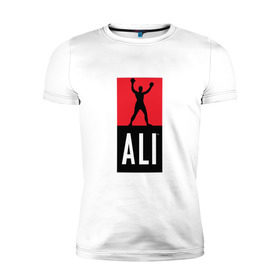 Мужская футболка премиум с принтом Ali by boxcluber в Белгороде, 92% хлопок, 8% лайкра | приталенный силуэт, круглый вырез ворота, длина до линии бедра, короткий рукав | Тематика изображения на принте: muhammad ali | мухаммед али