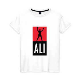 Женская футболка хлопок с принтом Ali by boxcluber в Белгороде, 100% хлопок | прямой крой, круглый вырез горловины, длина до линии бедер, слегка спущенное плечо | muhammad ali | мухаммед али