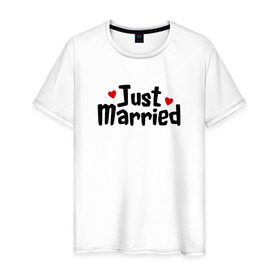 Мужская футболка хлопок с принтом Just Married - Молодожены в Белгороде, 100% хлопок | прямой крой, круглый вырез горловины, длина до линии бедер, слегка спущенное плечо. | just married | медовый месяц | молодожены | свадьба