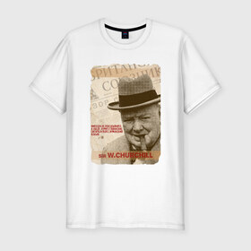 Мужская футболка премиум с принтом Черчилль в Белгороде, 92% хлопок, 8% лайкра | приталенный силуэт, круглый вырез ворота, длина до линии бедра, короткий рукав | никогда не опаздывайте на обед | черчилль
