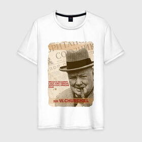 Мужская футболка хлопок с принтом Черчилль в Белгороде, 100% хлопок | прямой крой, круглый вырез горловины, длина до линии бедер, слегка спущенное плечо. | никогда не опаздывайте на обед | черчилль