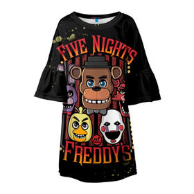 Детское платье 3D с принтом Five Nights At Freddy`s в Белгороде, 100% полиэстер | прямой силуэт, чуть расширенный к низу. Круглая горловина, на рукавах — воланы | five nights at freddys | fnaf | freddy | игры | медведь | мишка | фнаф | фредди
