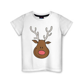 Детская футболка хлопок с принтом Улыбка оленя в Белгороде, 100% хлопок | круглый вырез горловины, полуприлегающий силуэт, длина до линии бедер | милый | новый год | олень | рога | рождество | улыбка
