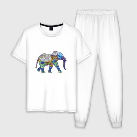 Мужская пижама хлопок с принтом Слон. Мозаика. Индия в Белгороде, 100% хлопок | брюки и футболка прямого кроя, без карманов, на брюках мягкая резинка на поясе и по низу штанин
 | Тематика изображения на принте: индия | мозаика | слон