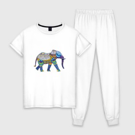 Женская пижама хлопок с принтом Слон. Мозаика. Индия в Белгороде, 100% хлопок | брюки и футболка прямого кроя, без карманов, на брюках мягкая резинка на поясе и по низу штанин | Тематика изображения на принте: индия | мозаика | слон