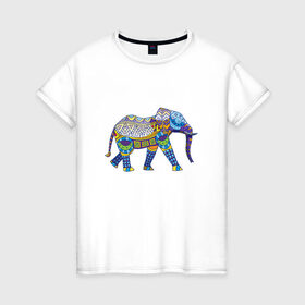 Женская футболка хлопок с принтом Слон. Мозаика. Индия в Белгороде, 100% хлопок | прямой крой, круглый вырез горловины, длина до линии бедер, слегка спущенное плечо | индия | мозаика | слон