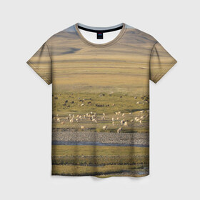 Женская футболка 3D с принтом Долина жизни в Белгороде, 100% полиэфир ( синтетическое хлопкоподобное полотно) | прямой крой, круглый вырез горловины, длина до линии бедер | алтай | горы | долина | камни | пастбище в горной долинеживотные | пески | пустыни | рек