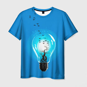 Мужская футболка 3D с принтом Лампочка в Белгороде, 100% полиэфир | прямой крой, круглый вырез горловины, длина до линии бедер | дерево | лампочка | птицы