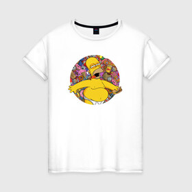 Женская футболка хлопок с принтом Гомер в Белгороде, 100% хлопок | прямой крой, круглый вырез горловины, длина до линии бедер, слегка спущенное плечо | simpsons