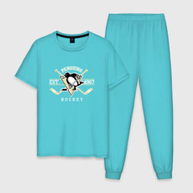 Мужская пижама хлопок с принтом Pittsburgh Penguins в Белгороде, 100% хлопок | брюки и футболка прямого кроя, без карманов, на брюках мягкая резинка на поясе и по низу штанин
 | Тематика изображения на принте: penguins | pittsburgh | pittsburgh penguins | спорт | хоккей