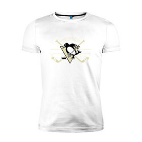 Мужская футболка премиум с принтом Pittsburgh Penguins в Белгороде, 92% хлопок, 8% лайкра | приталенный силуэт, круглый вырез ворота, длина до линии бедра, короткий рукав | Тематика изображения на принте: penguins | pittsburgh | pittsburgh penguins | спорт | хоккей