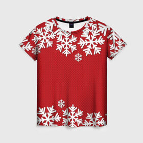 Женская футболка 3D с принтом Снежинки в Белгороде, 100% полиэфир ( синтетическое хлопкоподобное полотно) | прямой крой, круглый вырез горловины, длина до линии бедер | new year | snowflake | sweater | winter | зима | новый год | рождество | с новым годом | сhristmas | свитер | снежинка