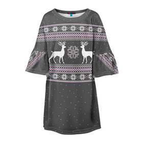 Детское платье 3D с принтом Свитер с оленями в Белгороде, 100% полиэстер | прямой силуэт, чуть расширенный к низу. Круглая горловина, на рукавах — воланы | Тематика изображения на принте: deer | new year | sweater | winter | зима | новый год | олени | рождество | сhristmas | свитер