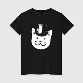 Женская футболка хлопок с принтом Мистер Кот в Белгороде, 100% хлопок | прямой крой, круглый вырез горловины, длина до линии бедер, слегка спущенное плечо | Тематика изображения на принте: кот | котики | кошка | кошки | мистер кот | с усами и в шляпекоты | усы | шляпа