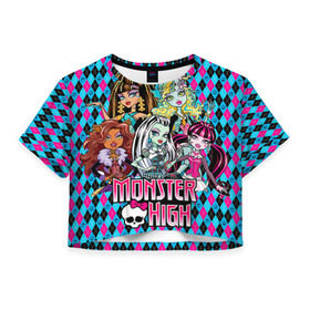 Женская футболка 3D укороченная с принтом Monster High в Белгороде, 100% полиэстер | круглая горловина, длина футболки до линии талии, рукава с отворотами | Тематика изображения на принте: монстер хай