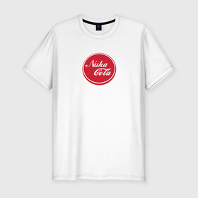 Мужская футболка премиум с принтом Nuka Cola в Белгороде, 92% хлопок, 8% лайкра | приталенный силуэт, круглый вырез ворота, длина до линии бедра, короткий рукав | bethesda | fallout | game | rpg | shelter | кола | лэйбл напиткаcola