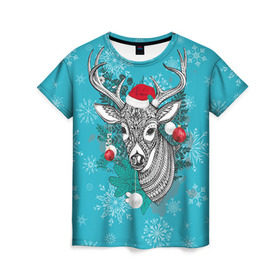 Женская футболка 3D с принтом Новогодний олень в Белгороде, 100% полиэфир ( синтетическое хлопкоподобное полотно) | прямой крой, круглый вырез горловины, длина до линии бедер | 2016 | christmas | deer | год | новогодний | новый | олень | рождественский | с новым годом