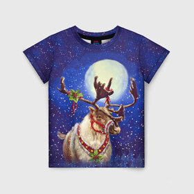 Детская футболка 3D с принтом Christmas deer в Белгороде, 100% гипоаллергенный полиэфир | прямой крой, круглый вырез горловины, длина до линии бедер, чуть спущенное плечо, ткань немного тянется | Тематика изображения на принте: 2016 | christmas | deer | год | новогодний | новый | олень | рождественский | с новым годом