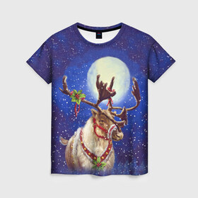 Женская футболка 3D с принтом Christmas deer в Белгороде, 100% полиэфир ( синтетическое хлопкоподобное полотно) | прямой крой, круглый вырез горловины, длина до линии бедер | 2016 | christmas | deer | год | новогодний | новый | олень | рождественский | с новым годом