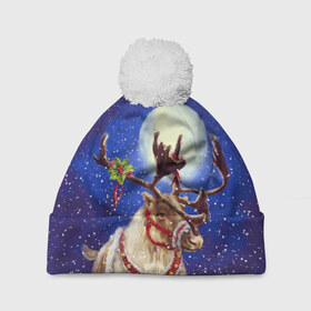 Шапка 3D c помпоном с принтом Christmas deer в Белгороде, 100% полиэстер | универсальный размер, печать по всей поверхности изделия | 2016 | christmas | deer | год | новогодний | новый | олень | рождественский | с новым годом