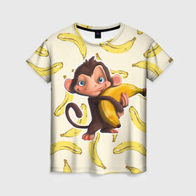 Женская футболка 3D с принтом Обезьяна с бананом в Белгороде, 100% полиэфир ( синтетическое хлопкоподобное полотно) | прямой крой, круглый вырез горловины, длина до линии бедер | Тематика изображения на принте: мартышка | обезьяна