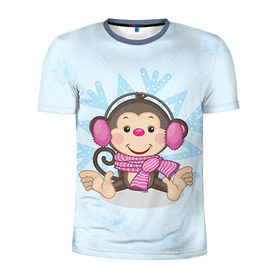 Мужская футболка 3D спортивная с принтом Обезьянка в Белгороде, 100% полиэстер с улучшенными характеристиками | приталенный силуэт, круглая горловина, широкие плечи, сужается к линии бедра | 2016 | год | мартышка | новый | обезьяна | с новым год | снежинка