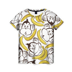 Женская футболка 3D с принтом Обезьянки и бананы в Белгороде, 100% полиэфир ( синтетическое хлопкоподобное полотно) | прямой крой, круглый вырез горловины, длина до линии бедер | банан
