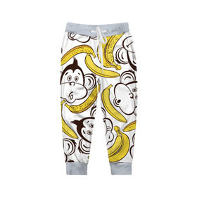 Детские брюки 3D с принтом Обезьянки и бананы в Белгороде, 100% полиэстер | манжеты по низу, эластичный пояс регулируется шнурком, по бокам два кармана без застежек, внутренняя часть кармана из мелкой сетки | банан