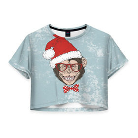 Женская футболка 3D укороченная с принтом Обезьяна в бабочке в Белгороде, 100% полиэстер | круглая горловина, длина футболки до линии талии, рукава с отворотами | мартышка | новогодний | санта | шапка | шимпанзе